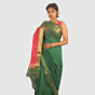 Emerald Green Maheshwari Silk Cotton Saree with Gold Zari and Pink Border