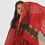 Deep Red Maheshwari Silk Cotton Dress Material with Bottle Green Bottom and Gold Zari Border