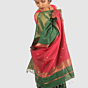 Emerald Green Maheshwari Silk Cotton Saree with Gold Zari and Pink Border