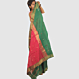 Emerald Green Maheshwari Silk Cotton Saree with Gold Zari and Pink Border