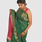 Emerald Green Maheshwari Silk Cotton Saree with Gold Zari and Pink Border