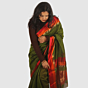 Graceful Olive Green Maheshwari Silk Cotton Handloom Saree with Vibrant Red and Gold Zari Border