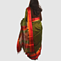 Graceful Olive Green Maheshwari Silk Cotton Handloom Saree with Vibrant Red and Gold Zari Border