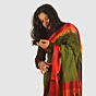 Graceful Olive Green Maheshwari Silk Cotton Handloom Saree with Vibrant Red and Gold Zari Border