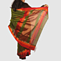 Graceful Olive Green Maheshwari Silk Cotton Handloom Saree with Vibrant Red and Gold Zari Border