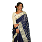 Authentic Kotpad Traditional Cotton Saree | Indigo Blue with Off-White Tribal Motifs & Striped Woven Pallu | Handwoven by Koraput Tribal Artisans
