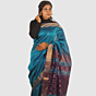 Regal Teal Maheshwari Silk Cotton Handloom Saree with Royal Purple Pallu and Gold Zari