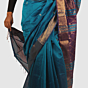 Regal Teal Maheshwari Silk Cotton Handloom Saree with Royal Purple Pallu and Gold Zari
