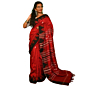 Authentic Kotpad Traditional Tussar Silk Saree | Crimson Red with Black & Ivory Tribal Motifs & Woven Striped Pallu | Handwoven by Koraput Tribal Artisans
