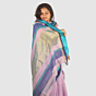 Elegant Lavender Teal Maheshwari Handloom Saree with Golden Border