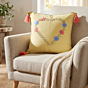 Hand-Embroidered Floral Heart Cushion Cover with Tassels | Yellow