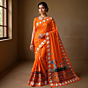 Hand Painted Orange Crepe Saree with Pattachitra Art
