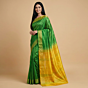 Handloom Dual Dye Tussar Ghicha Silk Saree with Blouse | Green & Yellow