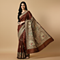 Hand-Painted Madhubani Tussar Ghicha Silk Saree | Brown