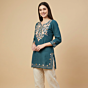 Hand-Embroidered Cotton Blue Short Kurti | Small