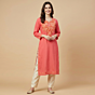 Hand-Embroidered Cotton Pink Long Kurti | Small