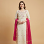Hand-Embroidered Unstitched Dress Material With Dupatta | Cream & Pink