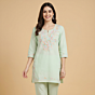 Hand-Embroidered Cotton Pista Green Short Kurti | M