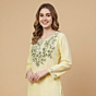 Hand-Embroidered Cotton Light Yellow Short Kurti