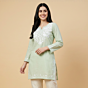 Hand-Embroidered Cotton Mint Green Short Kurti | Medium