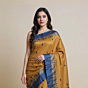 Handloom Cotton Saree | Khaki with Blue Border| 5.5 x 1.19 Metres