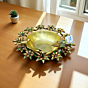 Brass Decorative Urli Bowl with Sunflower and Butterfly Design, Traditional Multicolour and Gold Home Decor