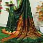 Bottle Green Bengal Handloom Katan Silk Zari Emboss Saree