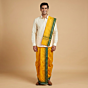 Handwoven Sambalpuri Silk Dhoti Gamucha Joda Set with Green Border| Yellow
