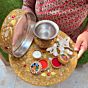 Shop the Santarms Karwa Chauth Pooja Thali Set with decorative thali, chalni sieve, lota kalash, diya holder, kumkum box & sindoor container. Perfect for Karwa Chauth, Diwali, Teej & other Hindu festivals. Durable, lightweight, easy to clean & reuse.