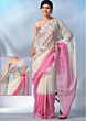 Linen Embroidery Saree Half & Half Design with Plain Border & Running Blouse - 100 Count Premium Linen