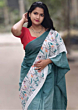Linen Embroidery Saree Half & Half Design with Plain Border & Running Blouse - 100 Count Premium Linen