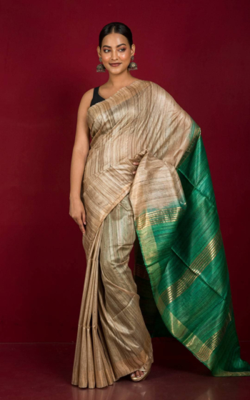 Elegant Dual-Dye Tussar Ghicha Silk Saree with Golden Zari Border & Handloom Finish