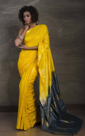 Elegant Dual-Dye Tussar Ghicha Silk Saree with Golden Zari Border & Handloom Finish