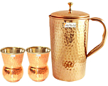 Prisha India Craft Pure Copper Jug Pitcher 1600 ML with 2 Steel Copper Glass Tumbler 270 ML