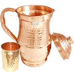 Prisha India Craft Hammered Design Pure Copper Water Jug 1800 ML with 1 Tumbler Glass 250 ML Brown