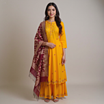 Handcrafted Yellow Long Frock with Banarasi Dupatta