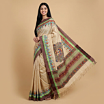 Hand-Painted Madhubani Mangalagiri Cotton Beige Saree