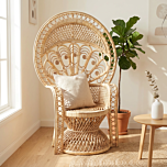 Bamboo Cane Peacock Chair for Living Room with Seat Cushion, Natural Color