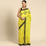 Hand-Block Print Pure Mulmul Cotton Saree  | Yellow