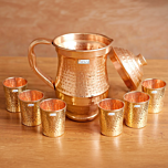 Prisha India Craft Hammered Design Pure Copper Water Jug 1800 ML with 6 Tumbler Glass 250 ML 