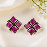 Silver Square Maroon Ruby Stud Earrings 