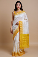 Bengal Handloom Mix Cotton Jamdani Saree | White with Orange Border