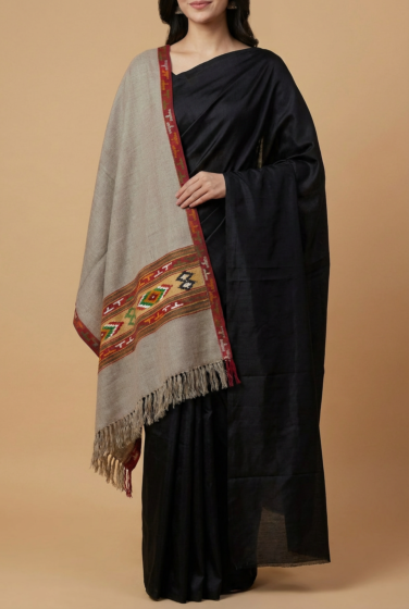 Handloom Kullu Geometric Border Shawl|Grey