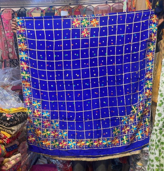 Blue  Pure chinon Chiffon base Hand Embroided Phulkari Dupatta
