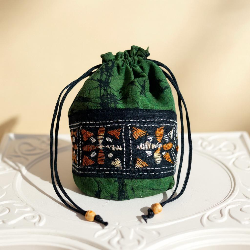 Pure Cotton Batik Kantha Stitch Work Potli Bag Green