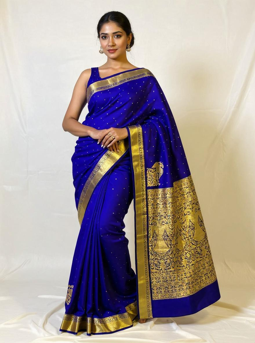 Buy Handloom Silk Molakalmuru Gandaberunda Blue Saree