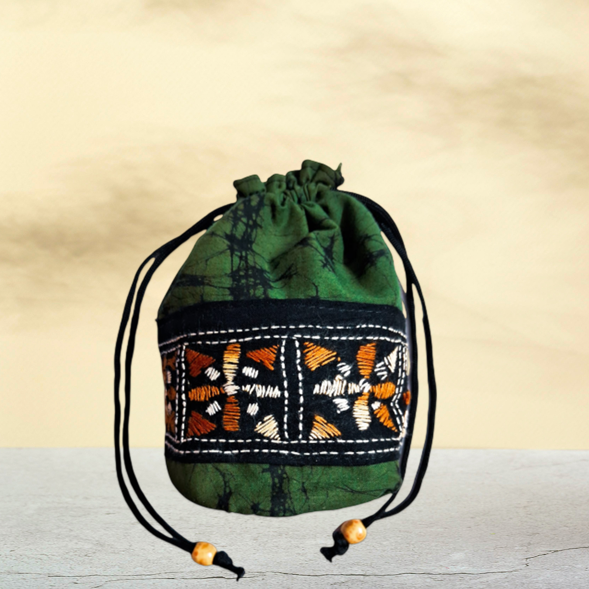 Cotton Batik Kantha Stitch Work Potli Bag Green