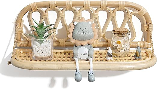 Dastkar Crafts Wall Shelves Rattan Shelf 16.5inch Handmade Boho Wall Decor Floating Rustic Decor for Bathroom Nursery Bedroom, Wall Mounted Natrual Rattan and Wood Storage Hanging Shelves