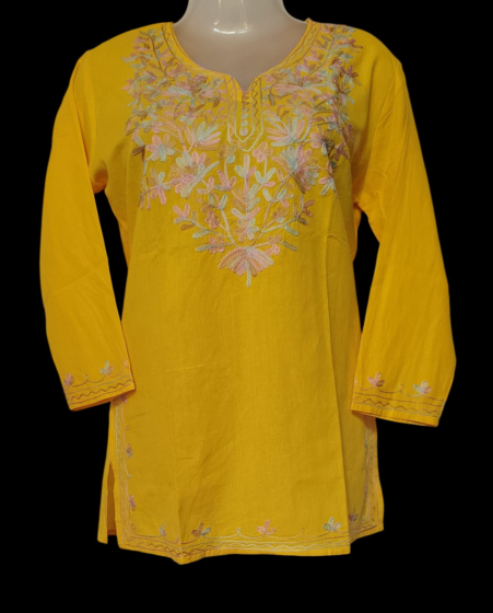 Women Embroidered Pure Cotton yellow short kurti