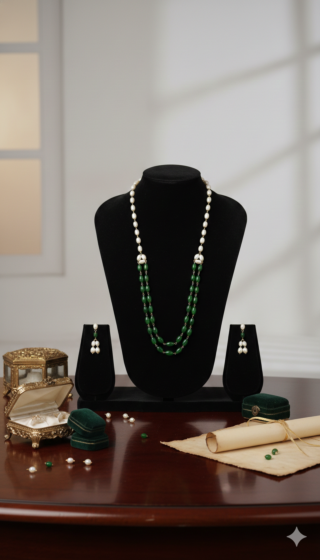 Handcrafted Glass Beads Necklace | Emerald Green & Pearl